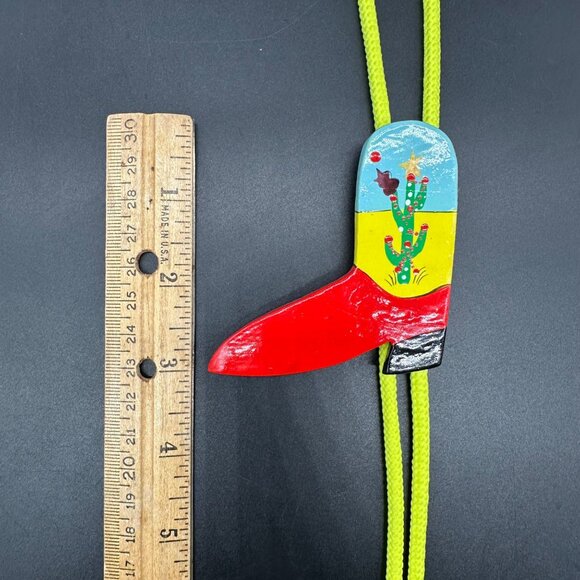 Western Bolo Tie Hand Painted Wooden Christmas Cowboy Boot Cactus Retro Kitsch - Picture 6 of 6